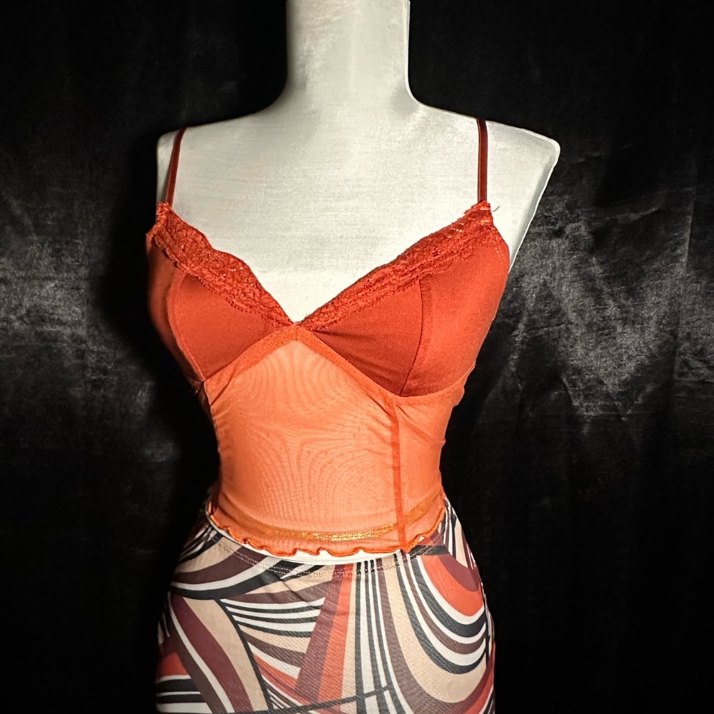 Burnt Orange Mesh Corset Style Tank Top Lace Trim Y2K